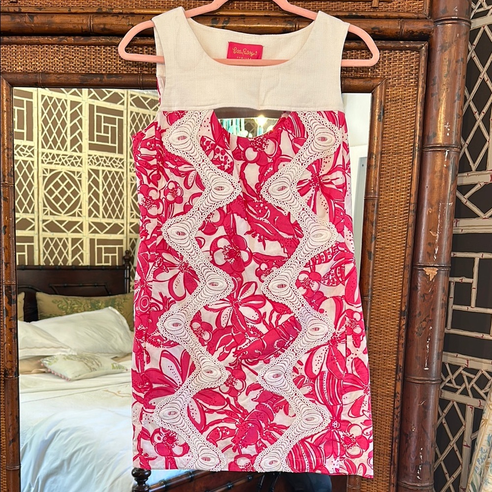 LILLY PULITZER JUBILEE WHITE & PINK CORONADO CRAB SHIFT DRESS, 8